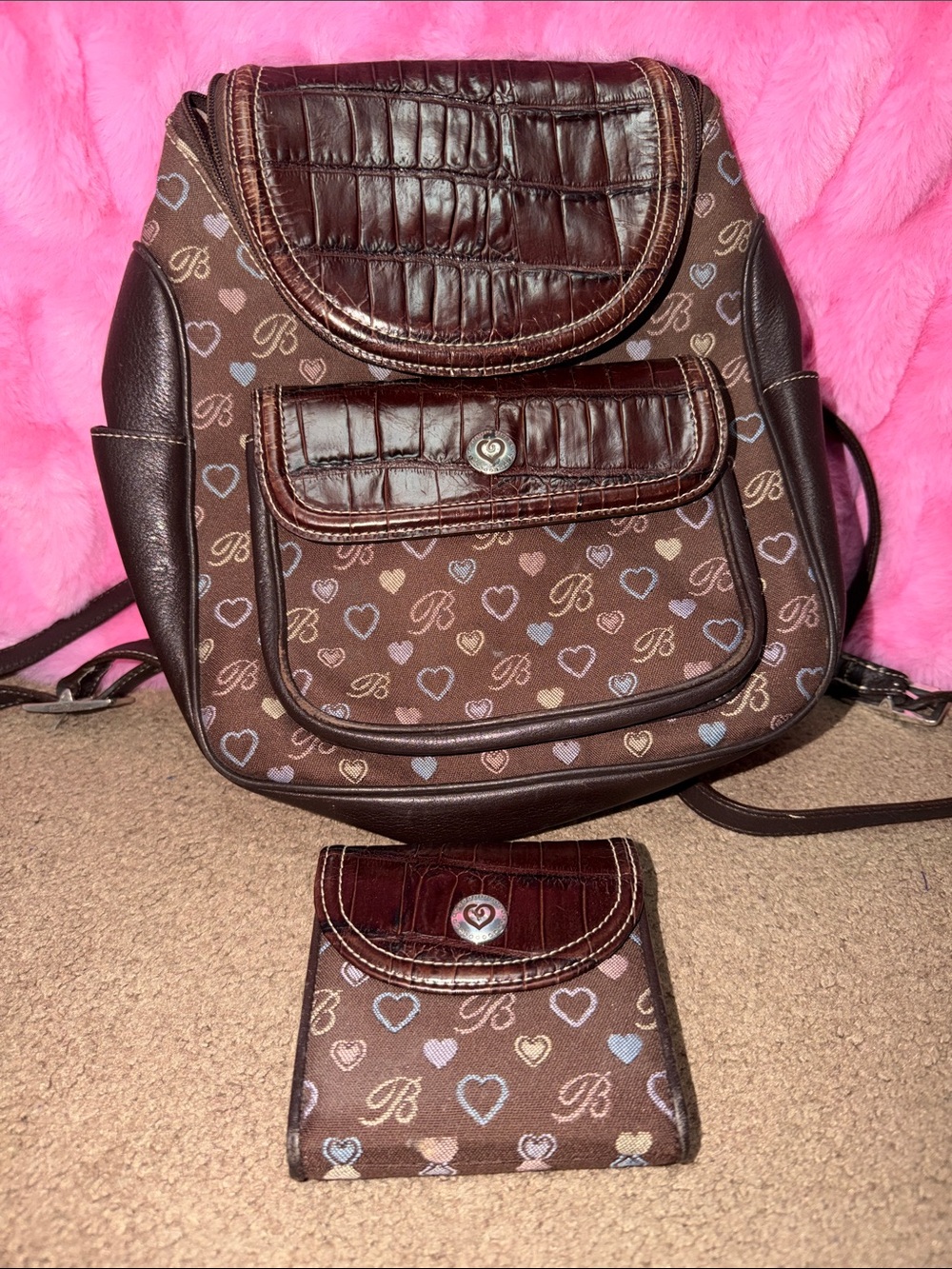 Brighton Brown Monogram Heart mini Backpack with Matching wallet